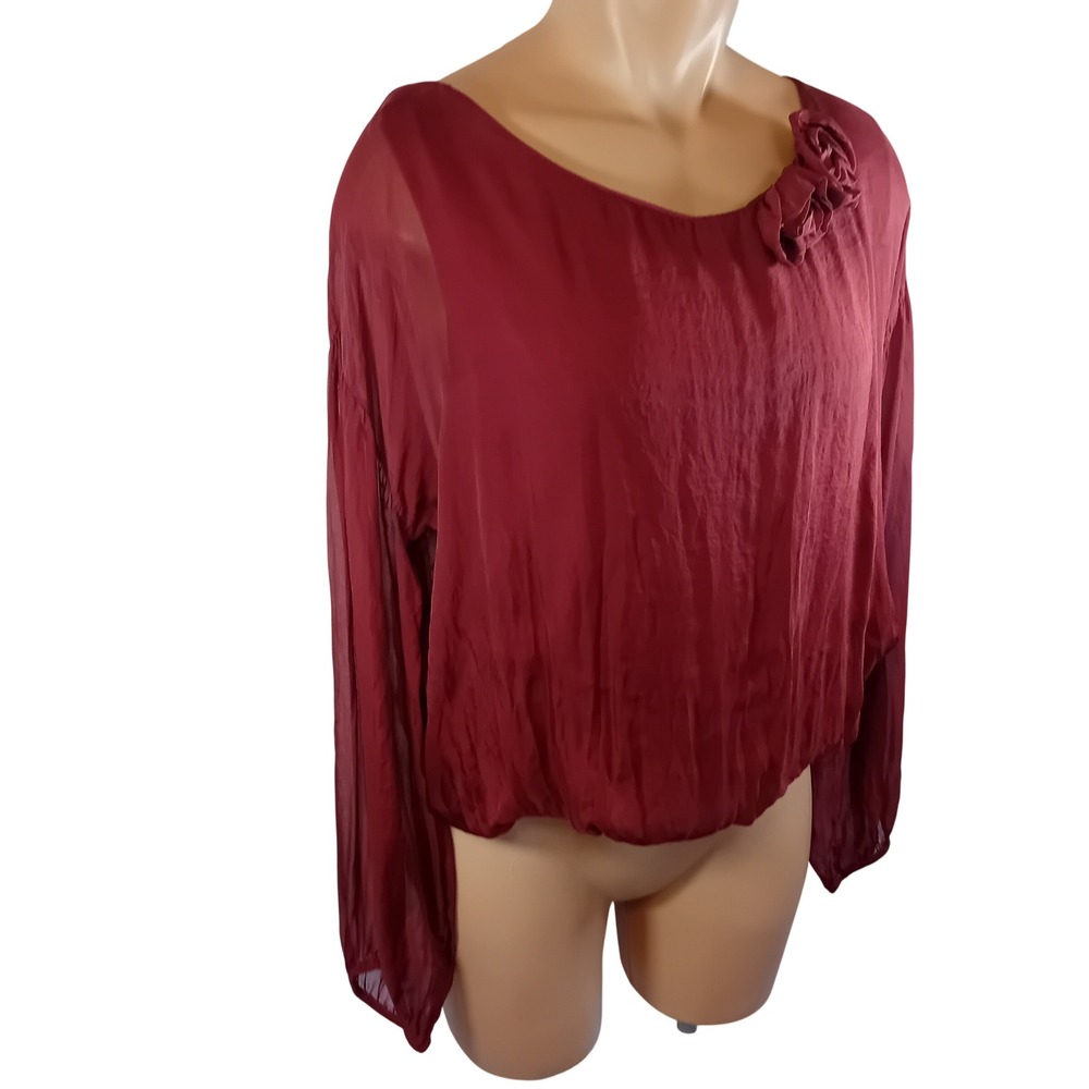 Y2K Femme Silk Blouson Hem Flowy Whimsigoth Burgundy Rose Blouse Sheer Sleeves M - Picture 2 of 16
